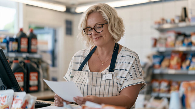 Scottish female petrol station cashier behind a convenience store counter surrounded by snacks, motor oil, and travel essentials, fluorescent interior lighting, customer