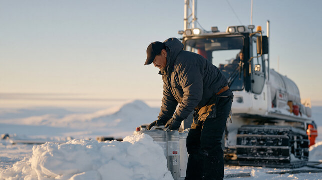 Sami reindeer herder loading fuel canisters into a snowcat at a remote Scandinavian fuel depot, winter tundra, blizzard approaching on horizon, cold climate logistics and Arctic