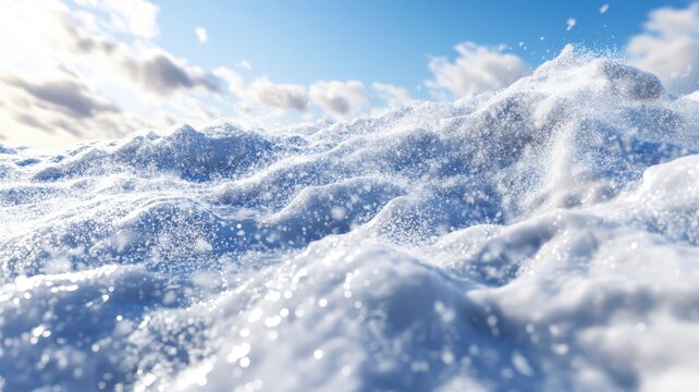 Harsh mountain ridge in active snowstorm with blowing snow strong wind cold blue tones and poor visibility