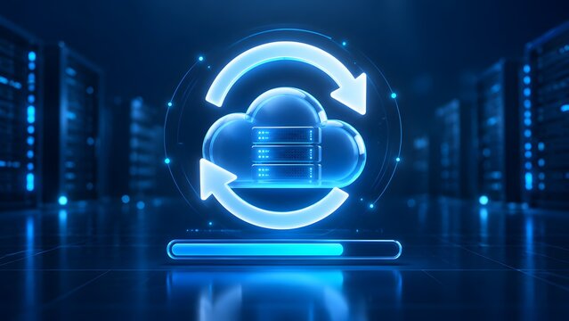 Glowing blue neon cloud computing icon with server database synchronization arrows and loading bar representing digital data transfer and system backup.