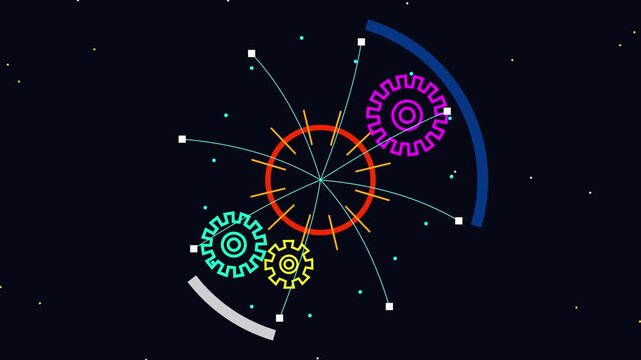 Abstract Gears and Lines Connecting in Digital Network on Dark Background