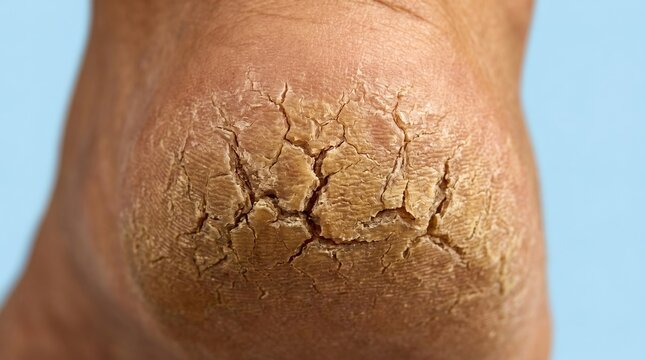 Extreme close-up of a deeply cracked and dry human heel showing severe hyperkeratosis and calluses.