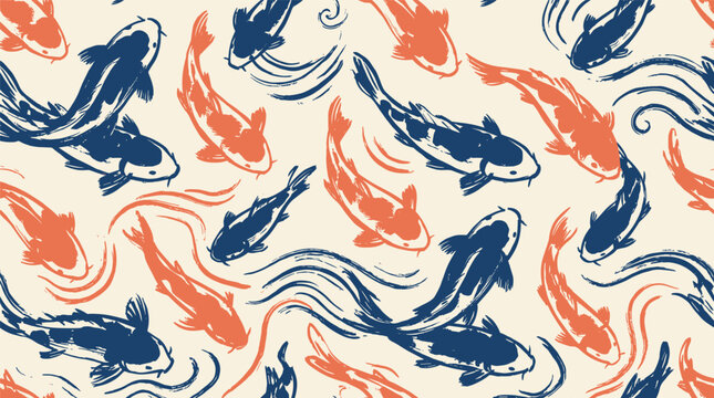 Seamless Vintage Hand Painted Koi Fish Pattern with Navy Blue and Orange Brushstrokes on Cream Background