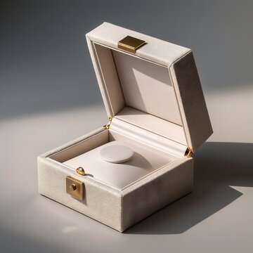 Elegant open cream velvet jewelry box with golden clasp, ready for a special gift presentation