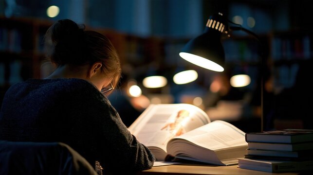 Student studying late at night under a desk lamp in a dimly lit library, focused and dedicated