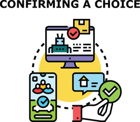 Obraz premium Hand holding a checkmark icon illustrating a confirmation process, with connected elements like a computer for online orders, a smartphone for user selection, and a message bubble for agreement