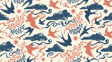 Obraz premium Seamless Repeat Pattern of Flying Swallows, Clouds, Tiny Suns and Leafy Branches in Vintage Style