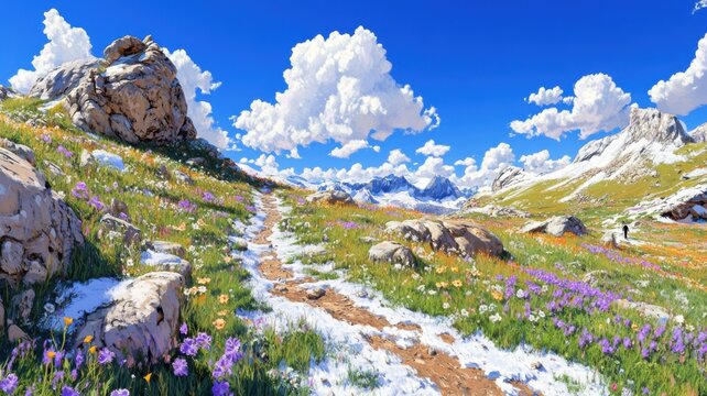 High altitude trekking path through rocky alpine valley with snow patches, wildflowers and distant glaciers