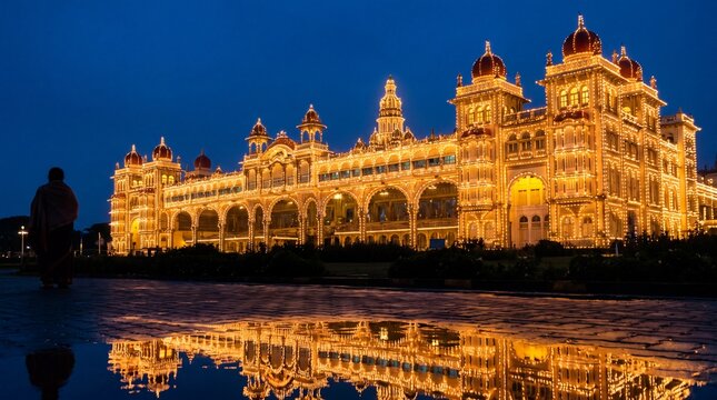 Mysore Palace illuminated with thousands of lights at night, reflected in rain puddle, Karnataka, India