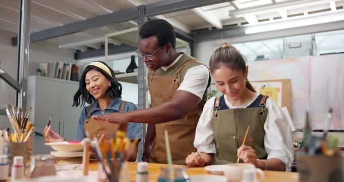 Pottery, instructor or happy with women in class, design compliment or paint technique validation. Potter, funny conversation or check in for ceramics workshop, praise bowl decoration or art feedback