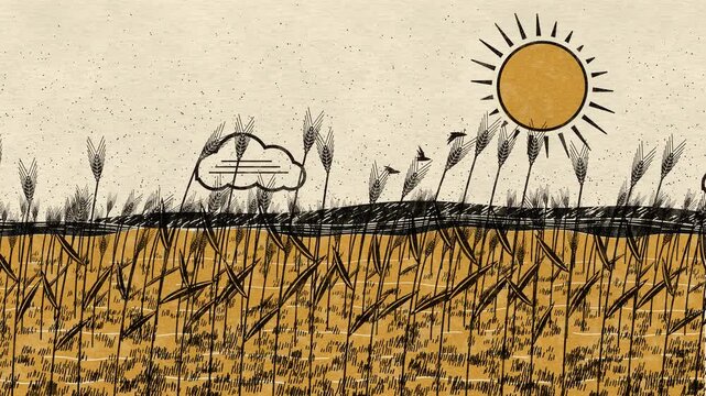 Golden wheat field swaying in the wind under a carved sun, two color linocut print style with birds and clouds, harvest illustration seamless loop