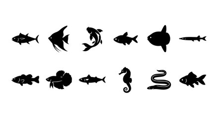 Fototapeta premium Diverse Fish Silhouettes Collection, Aquatic Life Icons Set, Marine Animal Vector Graphics