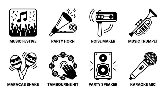 Set of black and white icons representing celebration and music items including party horn maracas tambourine microphone with celebration collection tambourine microphone instrument entertainment
