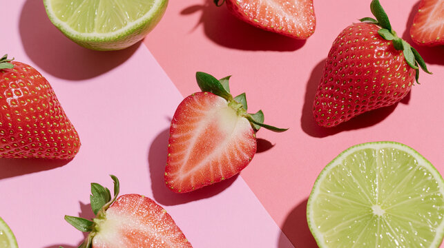 Fresh sliced strawberries and lime wedges arranged on a soft pink pastel background