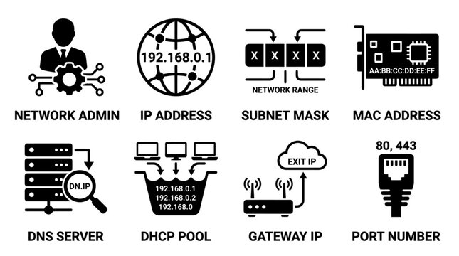 Collection of network administration and internet protocol configuration icons showing ip address mac address dns server subnet masks with administration internet protocol configuration management