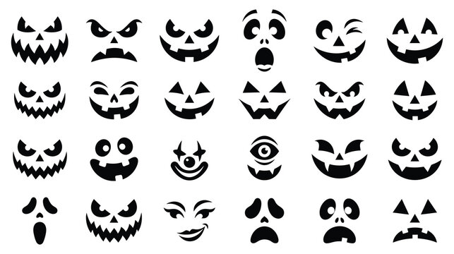Set of scary halloween pumpkin faces, jackolantern silhouettes for carving, spooky expressions for holiday decoration