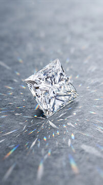 Solitary majestic square faceted gem casting vibrant prismatic light flares across brushed metallic silver plate representing high end elegance and timeless precious wealth