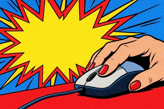 Woman hand clicking computer mouse against a comic book burst during a vibrant Cyber Monday online sale event