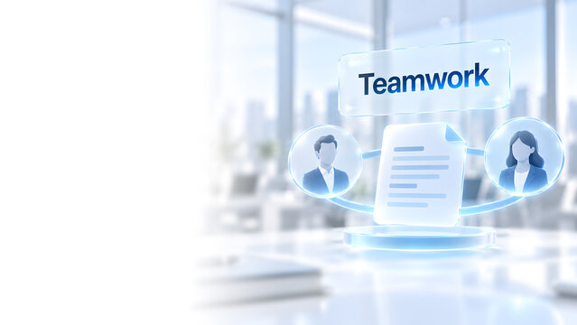 Teamwork White Desk with Holographic Teamwork Document Interface Flanked by Male and Female Profile Icons