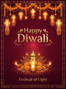 Happy Diwali Festival of Lights Greeting Design with Red Background and Decorative Traditional Lamps