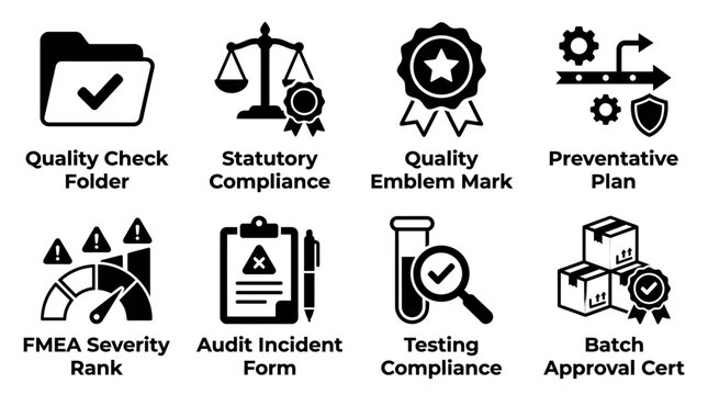 Quality assurance and audit icons for business compliance and batch approval processes with compliance assurance certification approval statutory preventative severity incident document