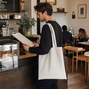 Man ordering food at a counter while wearing a black sweater and carrying a plain white tote bag.