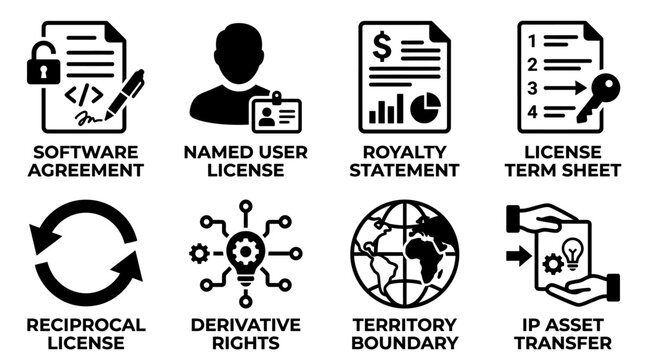 Software license and intellectual property vector icons showing royalty statements reciprocal licenses asset transfers with software agreement statement reciprocal derivative territory boundary