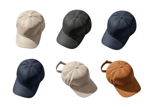 Set of colorful baseball caps in different styles isolated on transparent background
