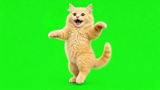 Adorable fluffy ginger kitten dancing happily on a vibrant green screen background, cute playful pet expression