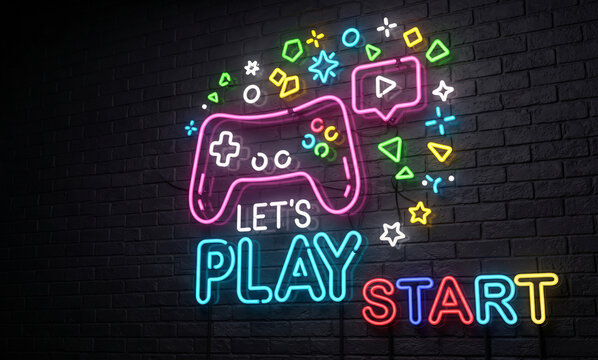 Vibrant neon sign glowing gamepad controller lets play start message dark brick wall background colorful lights illuminated cyber gaming lounge streaming room arcade entertainment ambiance