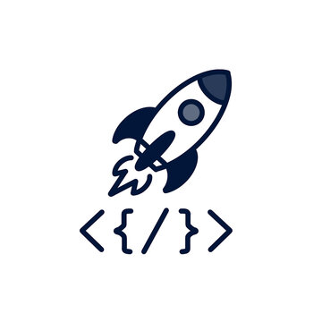 Stylized rocket launch icon with coding symbols representing software development, startup acceleration, and technology growth