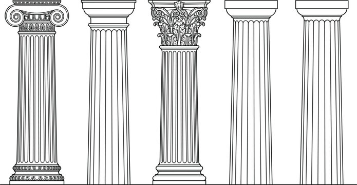 Classical roman and greek architectural columns vector icon set featuring ionic doric corinthian pillar graphics.eps