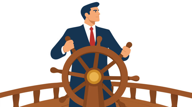 Confident corporate leader in navy blue suit holding large wooden helm steering wheel navigating business vessel forward representing leadership vector illustration on white background
