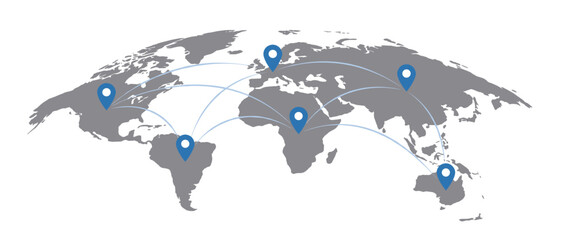 Dark gray world map vector illustration with blue location pins and light blue curved connection lines for global network and logistics concepts © Vector Design