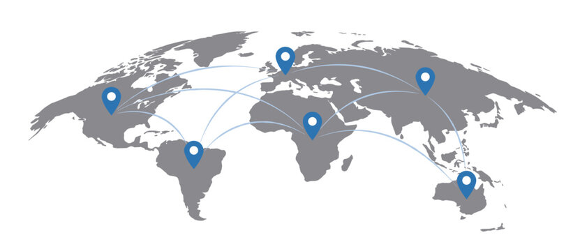 Dark gray world map vector illustration with blue location pins and light blue curved connection lines for global network and logistics concepts