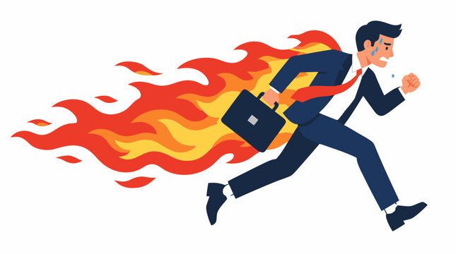 Stressed businessman in navy suit carrying briefcase running fast with trailing blazing fire flames representing workplace burnout in flat vector illustration on clean white background