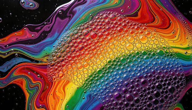 Extreme macro photography of closely packed iridescent bubbles or cellular structures displaying a vibrant spectrum of rainbow colors. Psychedelic abstract background featuring complex liquid patterns