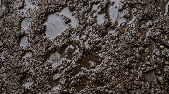 Wet muddy ground with scattered pebbles and small puddles texture