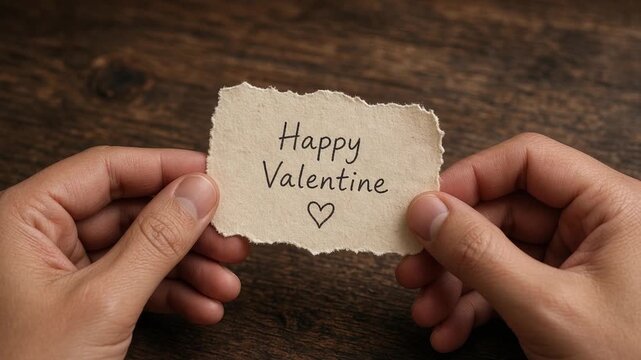 Two Hands Holding a Torn Piece of Paper with Happy Valentine Message and Heart Symbol on Wooden Background