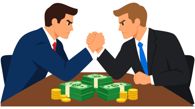 Two Businessmen in Suits Arm Wrestling Over Money on Table Bold Flat Vector Illustration Corporate Competition Concept - professional high resolution commercial stock detailed commercial stock
