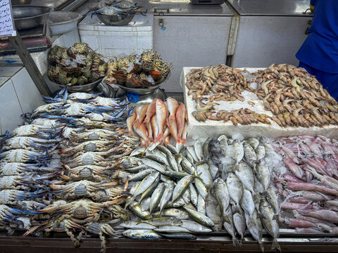Fresh crabs shrimp squid and fish cover a stainless steel counter at the market., Makkah, Jeddah, Saudi Arabia