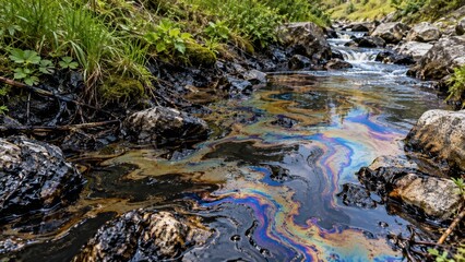 Obraz premium Oil Pollution Spreading Across Rocky Mountain Stream With Iridescent Contamination on Flowing Water