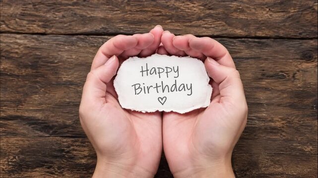Hands holding torn paper note with Happy Birthday message on rustic wooden background greeting card concept