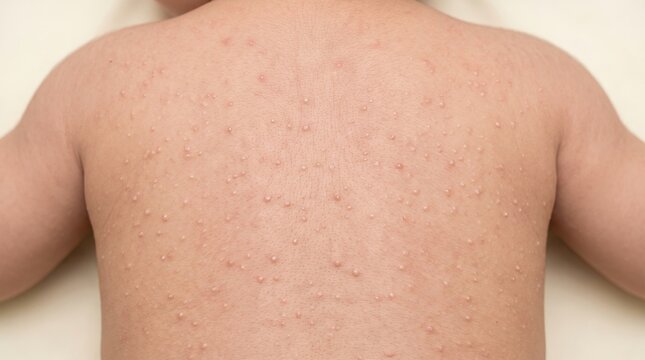 Widespread red rash heat rash miliaria on newborn baby back
