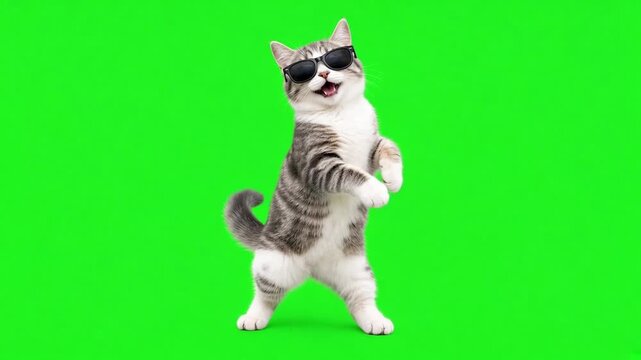 Cute funny cat wearing sunglasses dancing happily on a vibrant green screen chroma key background