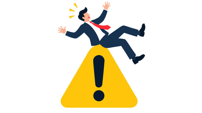 Startled businessman in navy suit slipping and falling backward from top of large yellow triangular warning hazard sign in flat vector corporate crisis and business mistake concept illustration