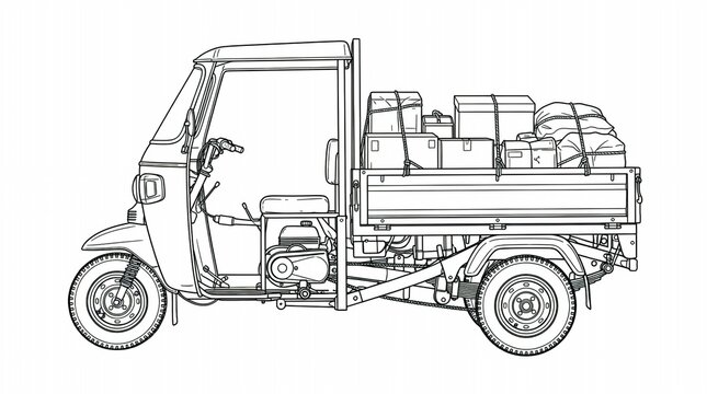 
Three Wheeler Cargo Auto Rickshaw Loaded With Boxes And Packages Line Art Illustration