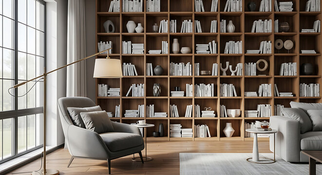 Gray sofa armchair and wooden bookshelf in contemporary living room interior background full hd download 2025 2026