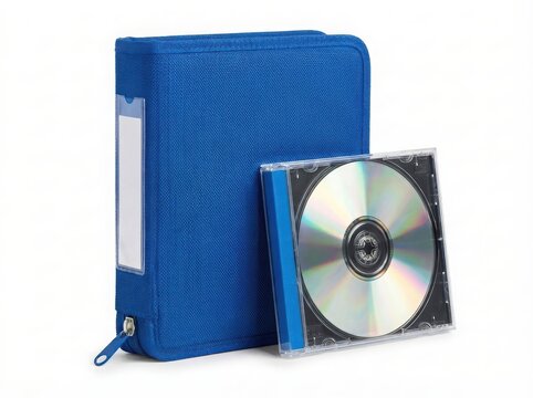 Blue binder folder and compact disc case standing together for office document storage and digital media organization