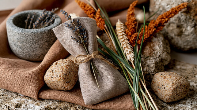 Rustic arrangement of natural linen sachet bag dried wheat stalks and stone mortar